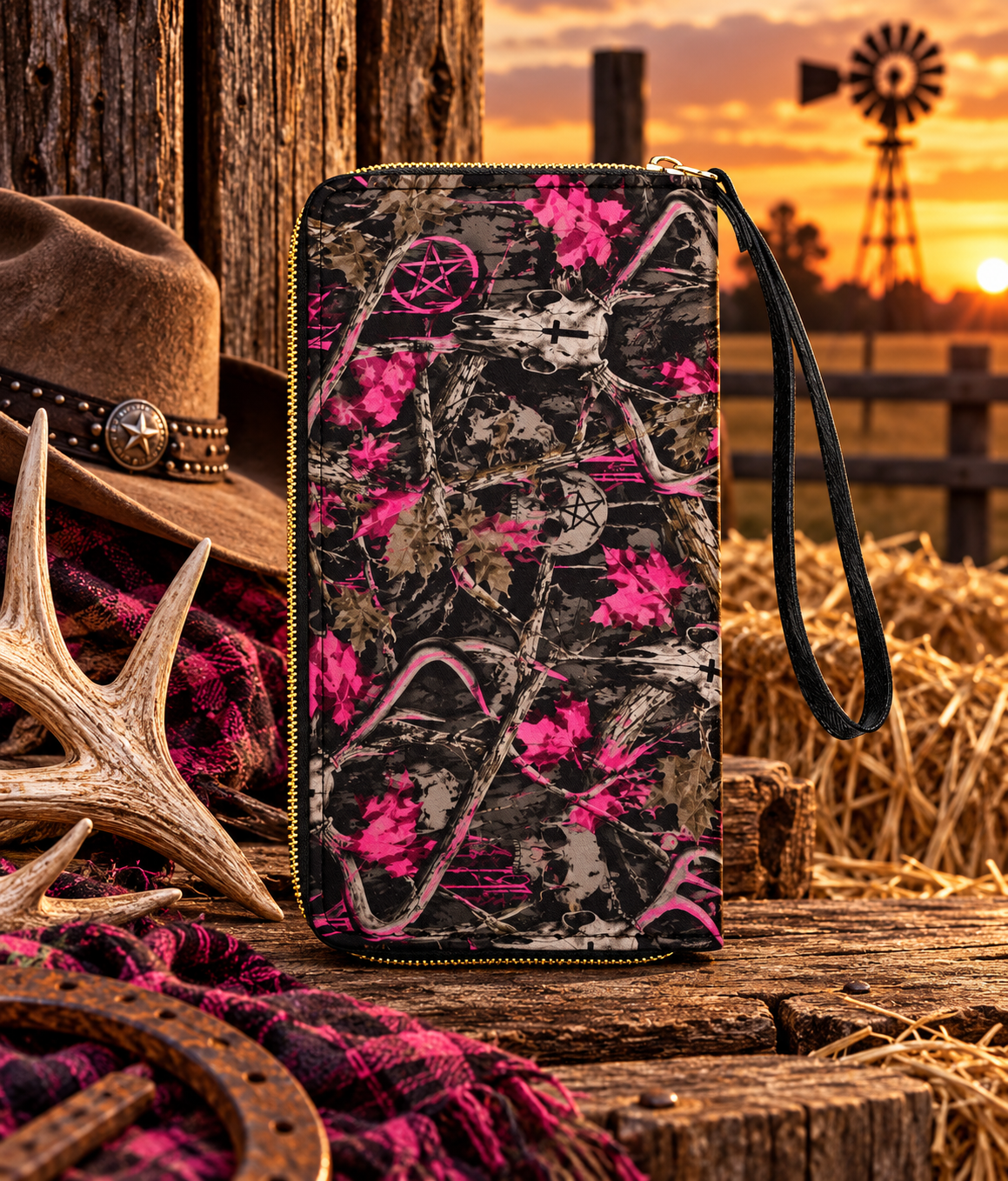 Country Camo Long Wallet With Black Hand Strap
